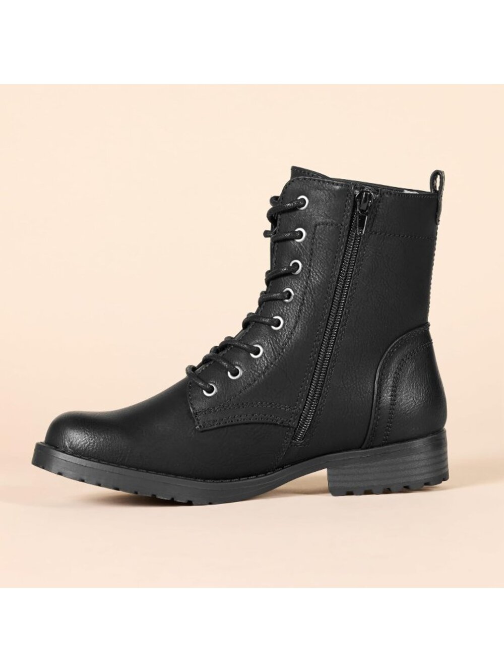Women's Black Lace Up Combat Side Zipper Lug Sole Faux Leather Ankle Boots - Picture 3 of 5